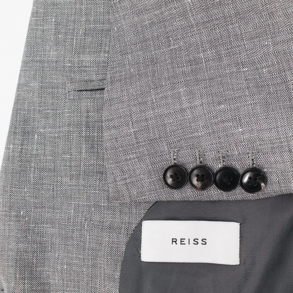 Reiss sport coat men's 40 Linen wool silk herringbone‎ gray patch pockets notch